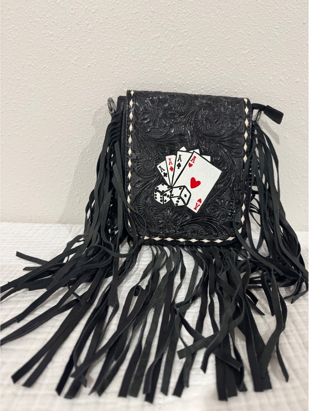 Western Black Fringe Crossbody Bag Tooled Floral Playing Cards Dice Purse